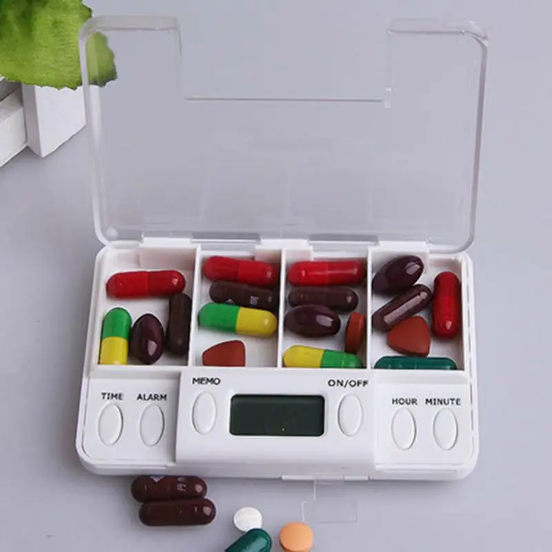 

4 Grid pill box medicine Storage Box Electronic Timing Reminder Medicine Boxes Alarm Timer Pills Organizer Pill Drug Container