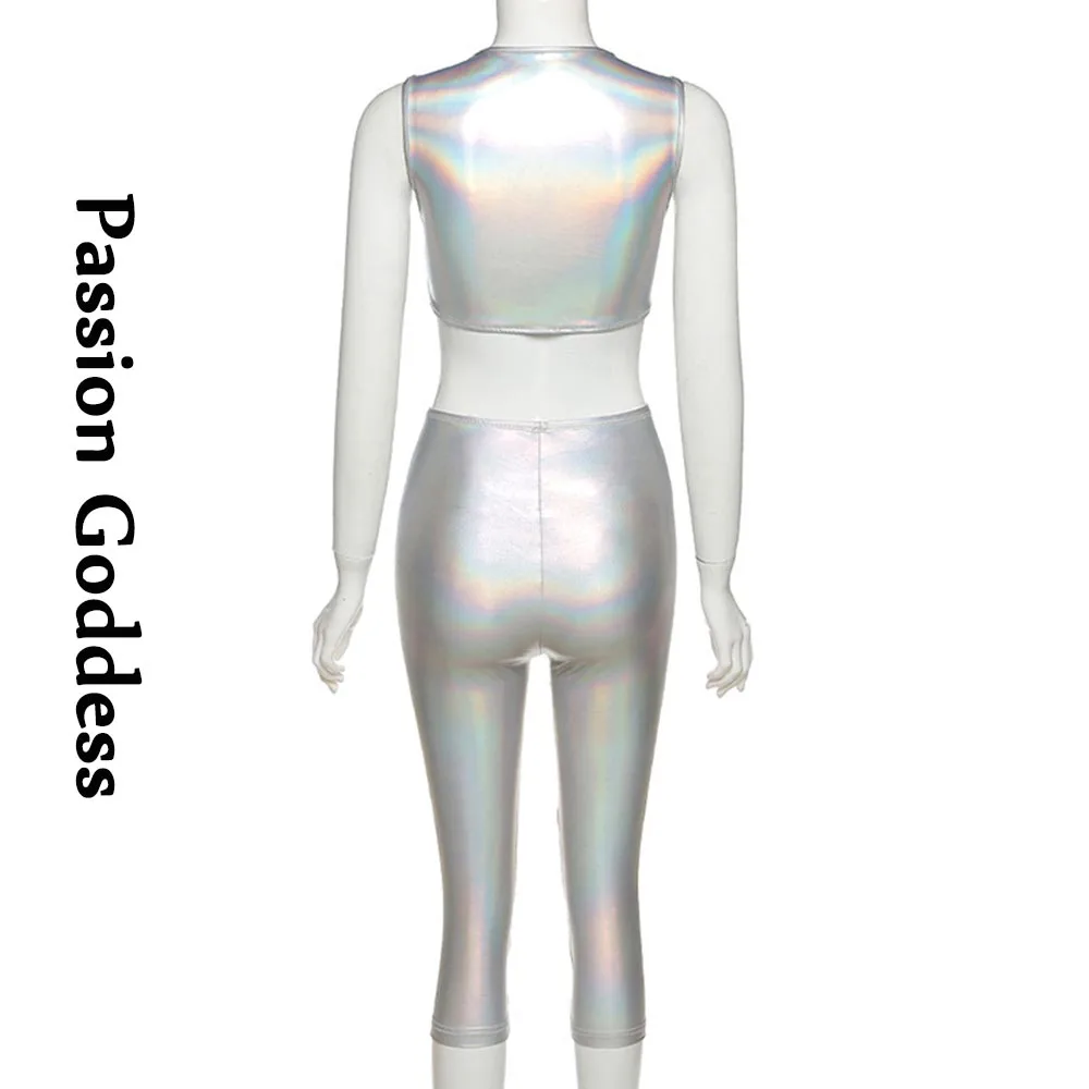 Сексуальный женский костюм из 2 предметов блестящая Лазерная кожа открытые топы