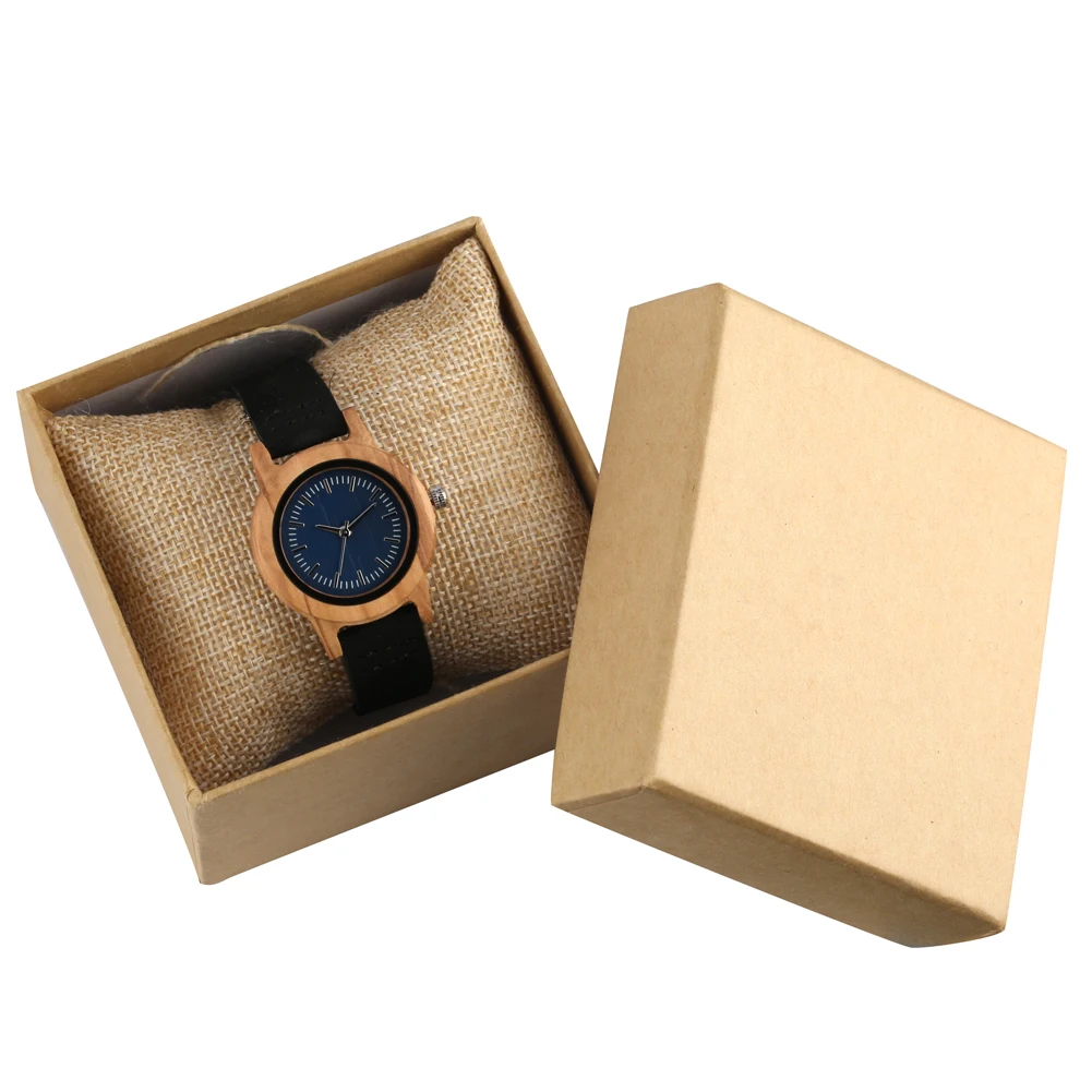 

Wooden Women Watch Quartz Delicate Blue Dial Wood Case Black/Coffee/Brown Leather Watchband Gifts for Female Girls Reloj Mujer