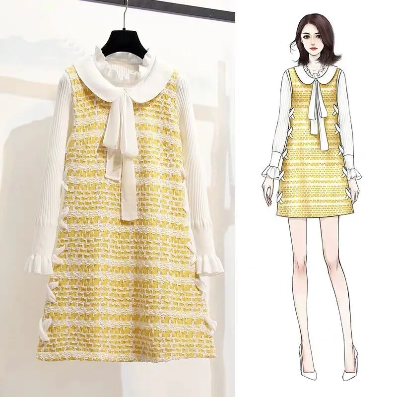 Осень-зима 2020 милое желтое клетчатое твидовое платье для девочек с круглым