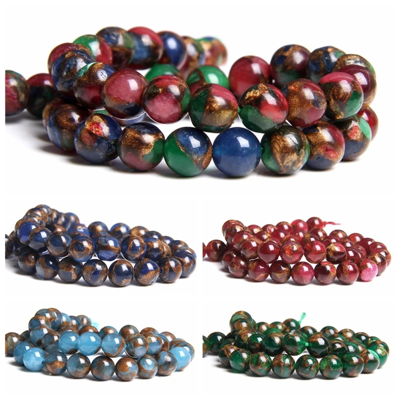 

Natural Red blue green Cloisonne Stone beas Gold Sand Round spacer bead smooth Loose Beads For Jewelry Making 6 8 10 12 mm bead