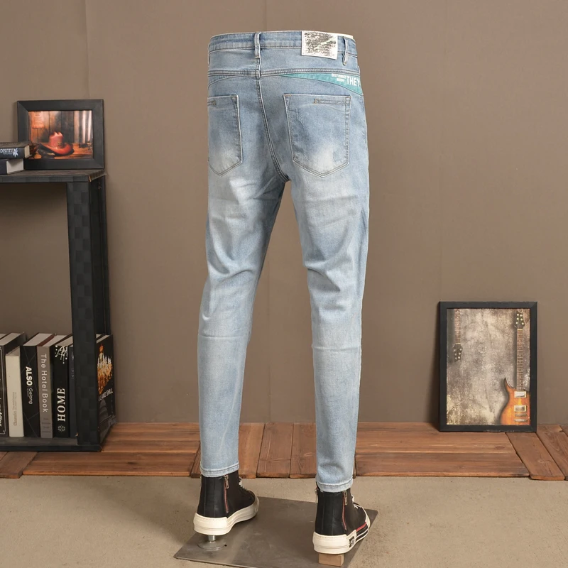 Men's Light Blue Stretch Ripped Jeans Summer New Fashion Regular Fit Pencil Pants
