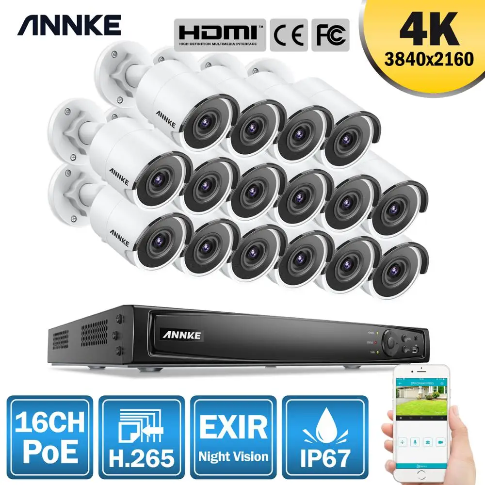 ANNKE 16CH 4K Ultra HD POE сетевая система безопасности Видео 8MP H.265 NVR с 16X 30m EXIR камера