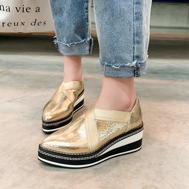 

ISNOM Slip On Wedges Shoes 6.5 cm Heels Summer Platform Flats Sheepskin Shoes Women