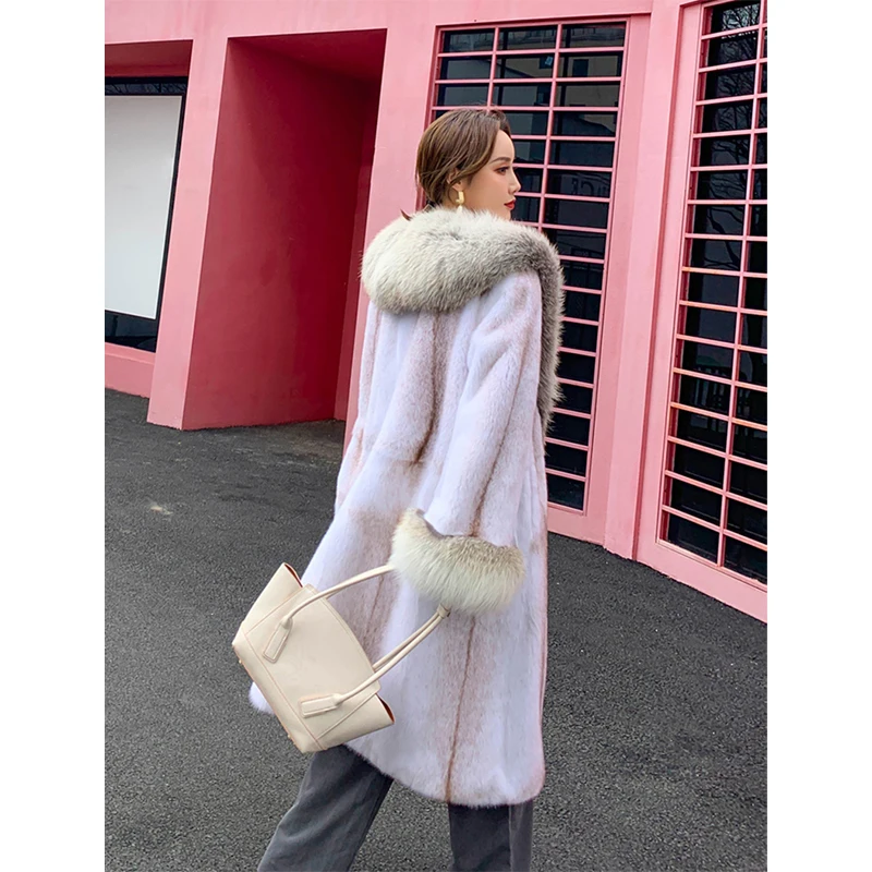 FURSARCAR 2021 New Luxurious Real Mink Fur Jacket Women Winter Natural Golden Fox Fur Coat Fashion Long Mink Outwear