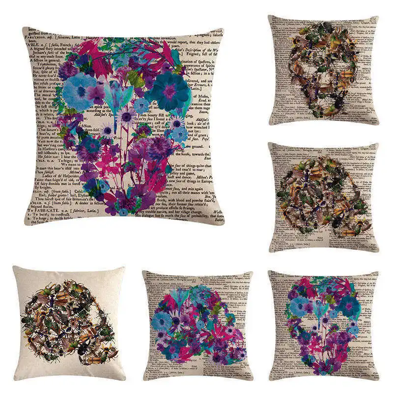 

18 inch Skull Newspaper Cotton Fashion Throw Pillow Case Cushion Cover Home Sofa Decor