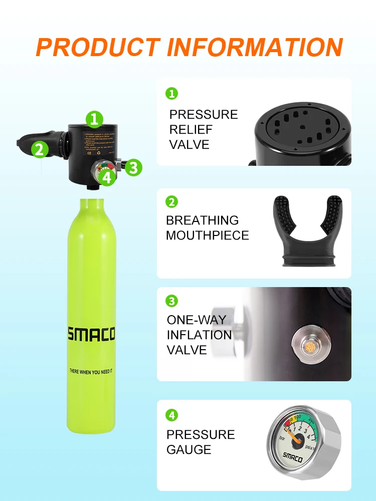 SMACO S300 Mini Scuba Diving Tank/Equipment Dive Cylinder Capability 0.5L Refillable Design Respirator Oxygen Tank Set Hand Pump