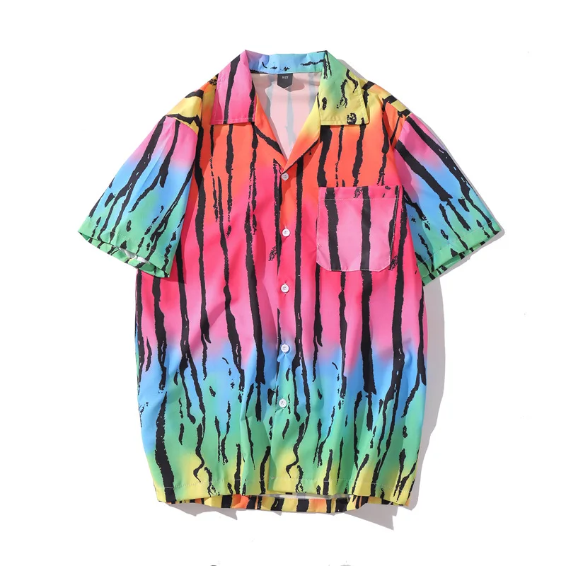 

2021Summer Mens Vintage Tie Dye Color Black Striped Hawaiian Shirt Man Hip Hop Streetwear Harajuku Male Short Sleeve Beach Shirt