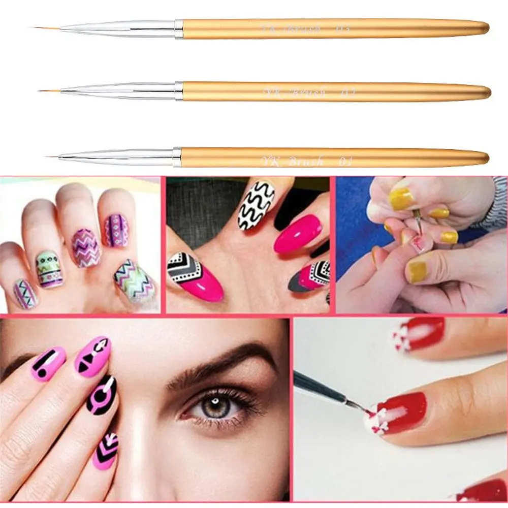 

3pcs Nail Art Lines Painting Pen Brush Set Gel Polish Tips Flower 3d Design Manicure Pedicure Professional Drawing Tool Kit Gold