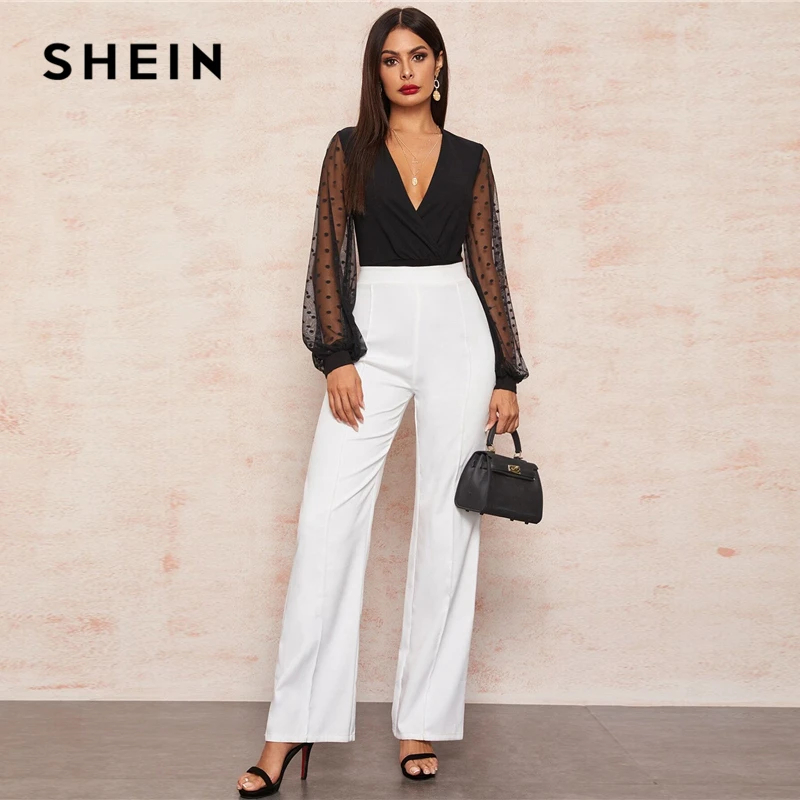 

SHEIN Sexy Black Plunging Neck Dobby Mesh Lantern Sleeve Wrap Bodysuit Women Spring Summer Solid Sheer High Waist Bodysuits