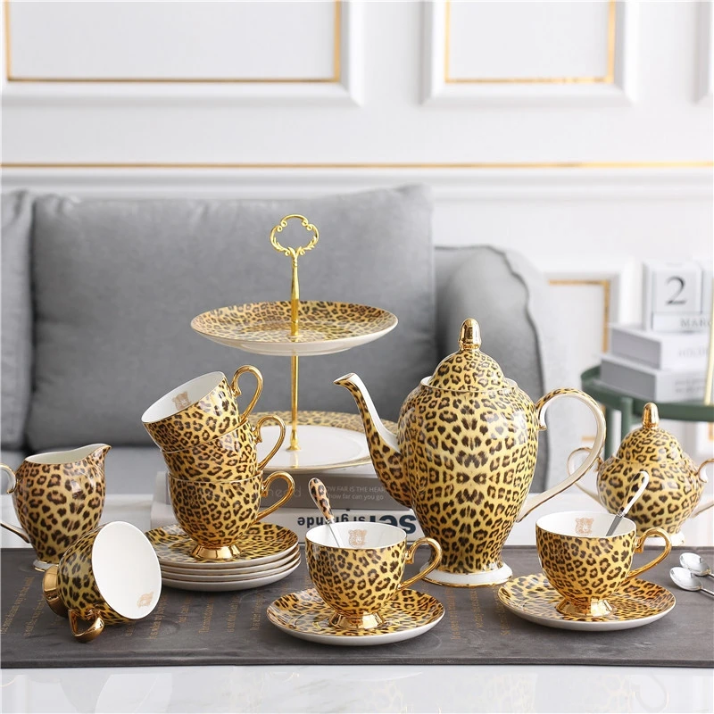 

Luxury Golden Leopard Print Ceramic 15pcs Coffee Tea Cup Set Bone China Coffee Cup and Saucer Latte Cups Cakestand Drinkware