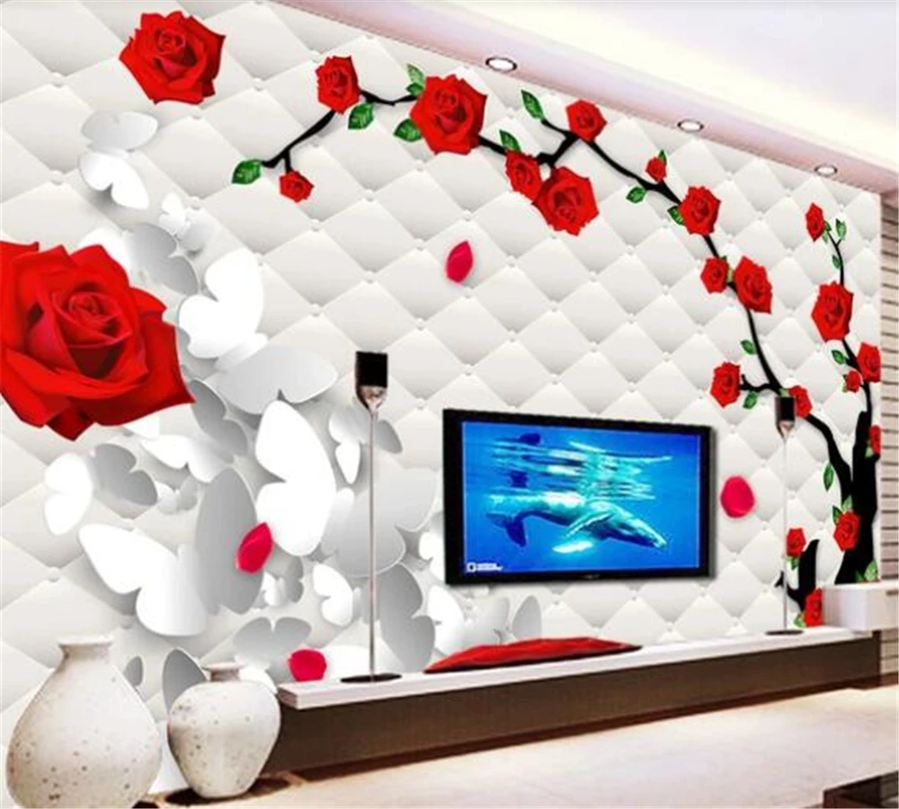 

beibehang Customized Wallpaper Mural Photos Fashion Red Rose 3D Soft Package TV Background Wall Decoration Painting wallpaper