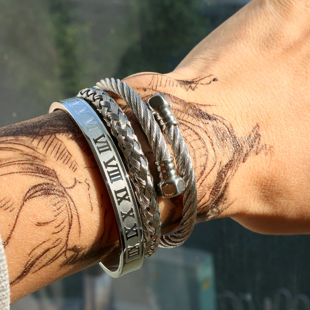 

3pcs/set Royal Roman Bracelets & Bangles Hexagon Head Bangle Bracelet For Men Stainless Steel Men's Jewelry Pulseira
