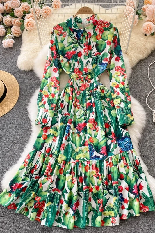 

Autumn green Maxi Dress 2021 new turn down collar button big swing Elegant chic holiday dress Bohemian Beach Dress Robe
