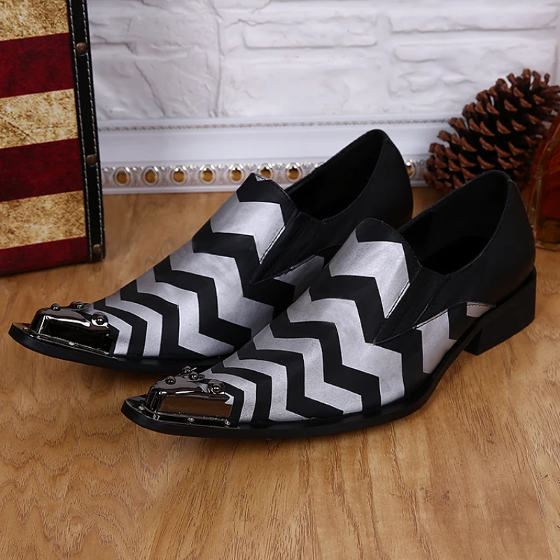 

Christia Bella Big Size British Style Black and White Ripple Man Shoes Fashion Party Men Shoes Metal Pointed Toe Men Dress Shoes