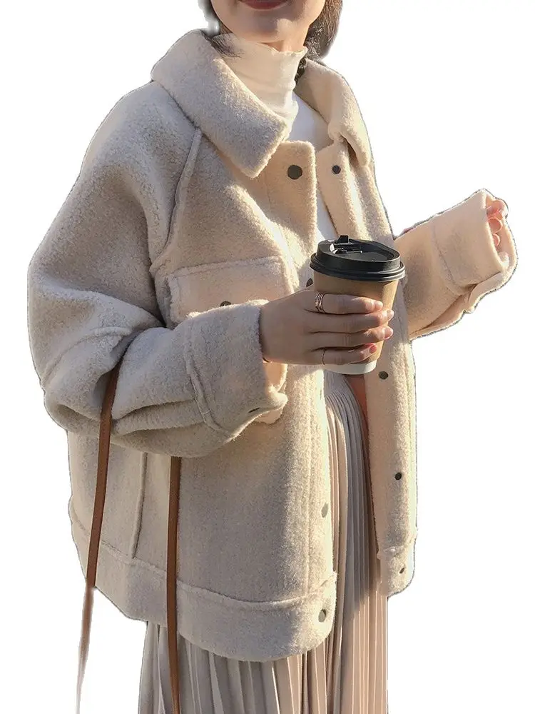 

Casual simple wool sweater top 2021 early spring anti sheepskin coat female new loose plush coat shirt jacket Autumn coats XXL
