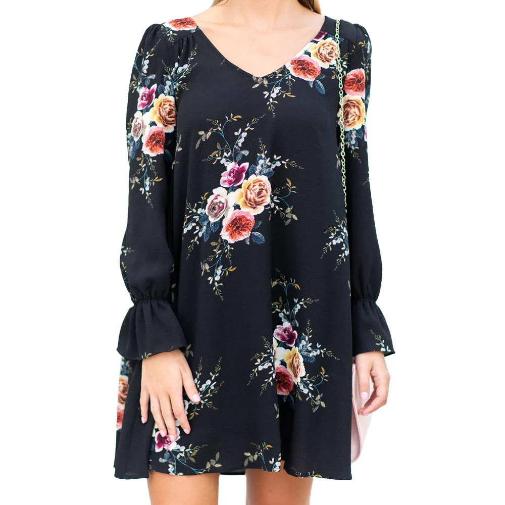 

Women Long Sleeve V-Neck Mini Dress Floral Print A-Line Loose Dresses Back Hollow Pleated Hem Pullover Casual Short Streerwear