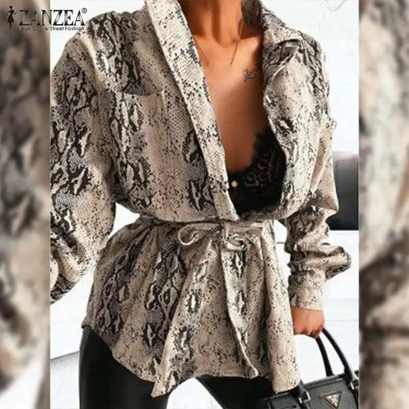 

2022 ZANZEA Fashion Women Blouse Oversized Stylish Animal Printed Belted Shirt Spring Autumn Long Sleeve Tops Casual Loose Blusa