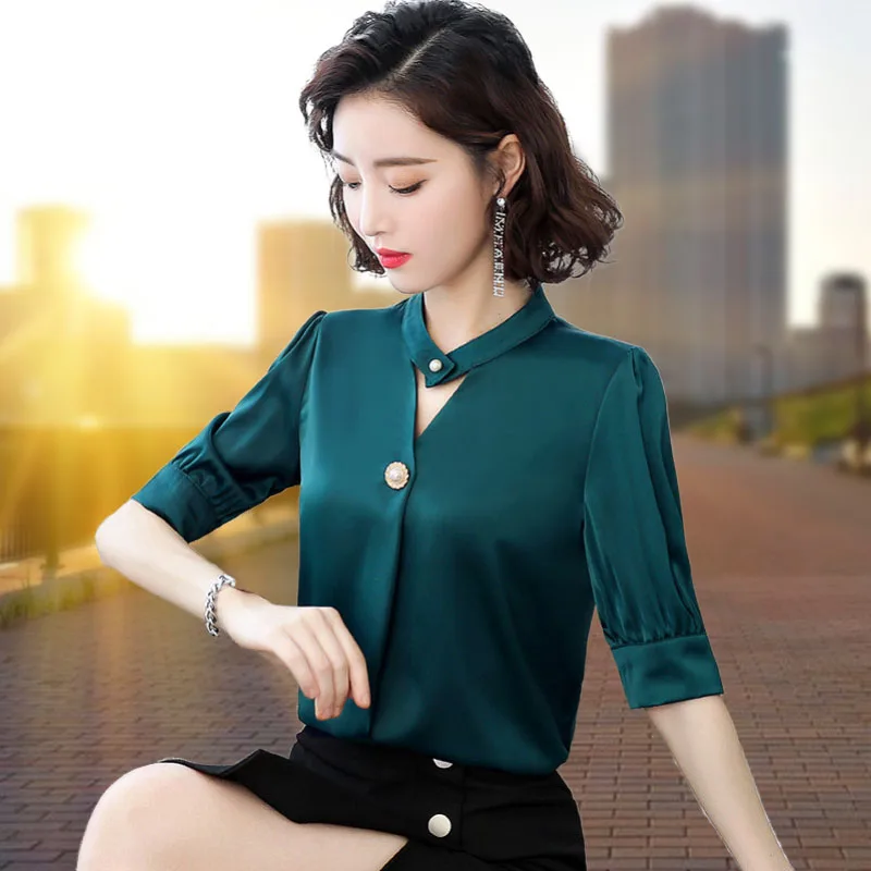 Офисная женская шифоновая блузка для женщин 2021 летняя новая однотонная тонкая