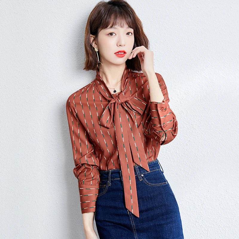 

Women ropa mujer Bow Blusas Lady Female 2021 Spring Digital Printed OL Blouses poleras mujer Streetwear Sexy Tops Tee 1102