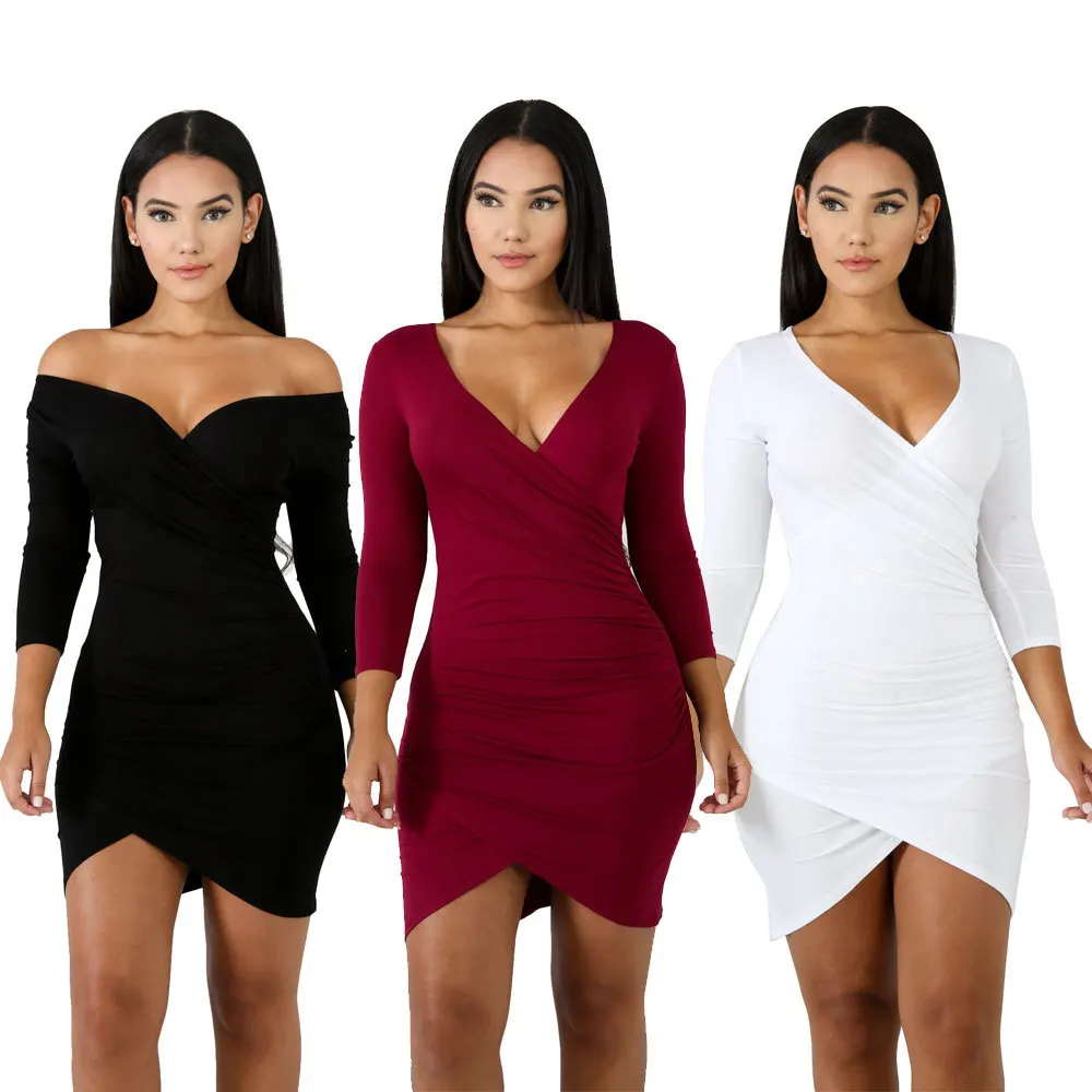 

Spring 2020 New Female Female Solid Color Long Sleeve Sexy Nightclub Mini Dress Ladies Slim Package Hip Off Shoulder Dress Women