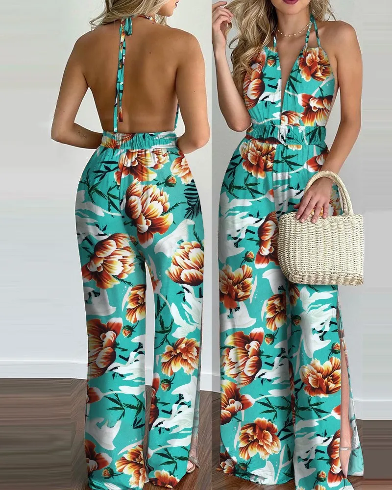 

2021 Women Summer Spring Tropical Print Halter Backless Maxi Dress Vacation Sleeveless Sexy Boho Beach Dress Casual Floral