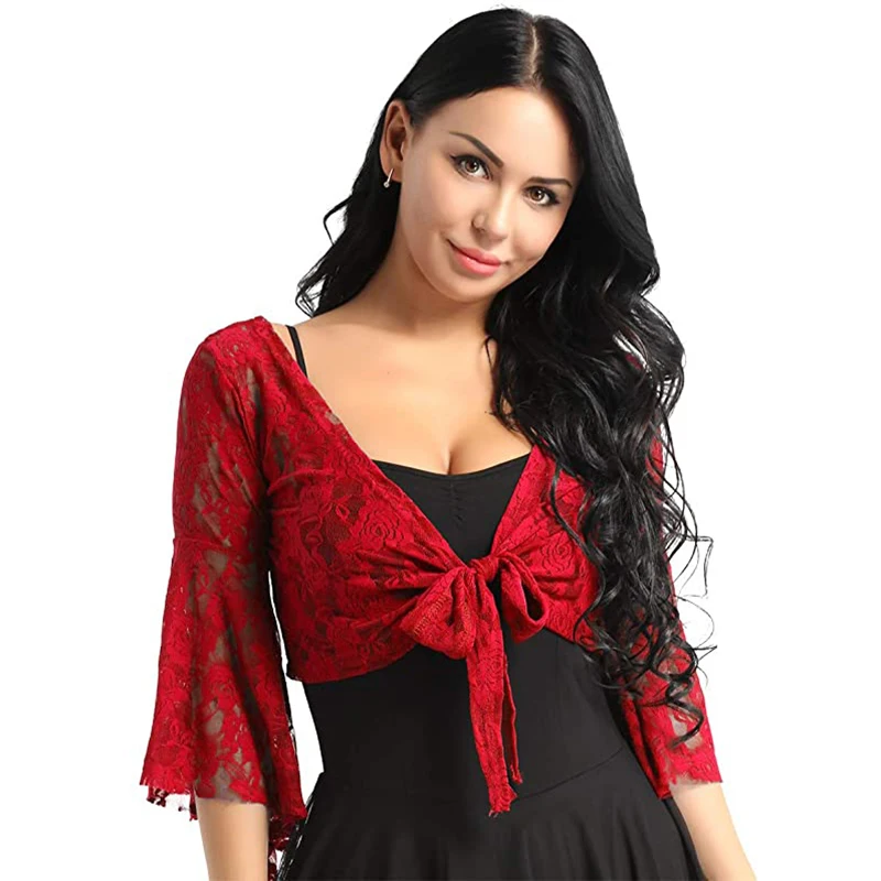 

Женские кружевные топы с цветочным рисунком, Легкая блузка с рукавами-бабочками и расклешенными рукавами, кардиган, прозрачный топ с завязками, открытая спереди, с рисунком розы, Холи