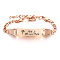 personalized medical alert id bracelet for baby children engraved name rose gold stainless steel figaro chain link adjustable