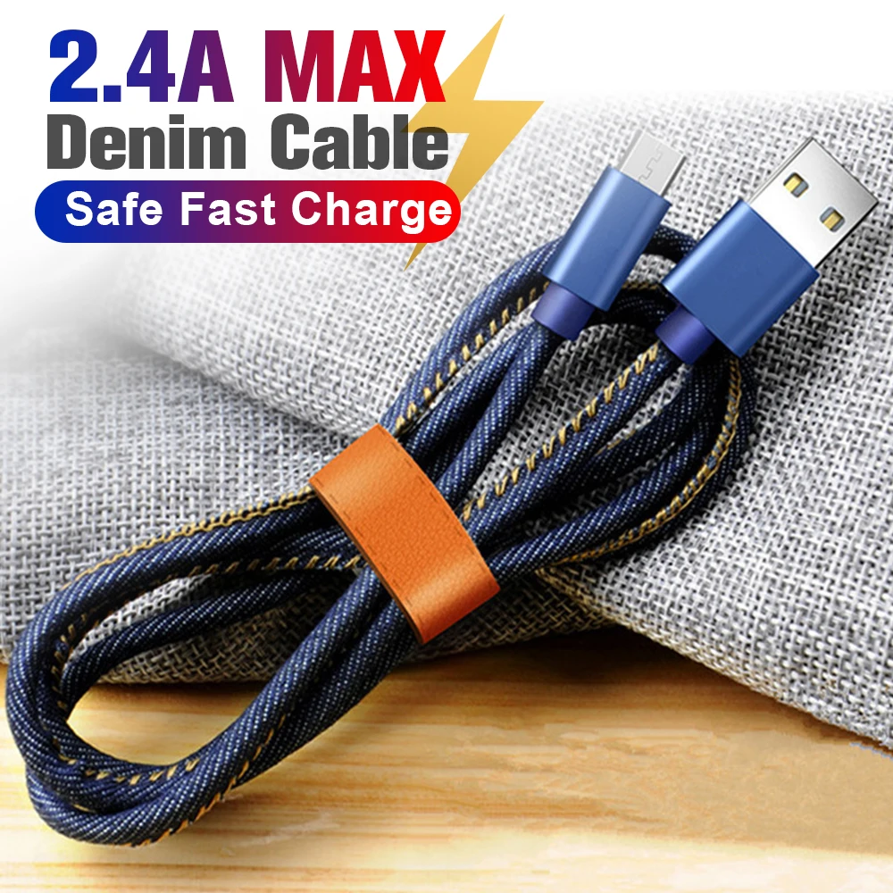 Кабель Micro USB FONKEN 2.4A джинсовый кабель для передачи данных зарядный шнур сотового