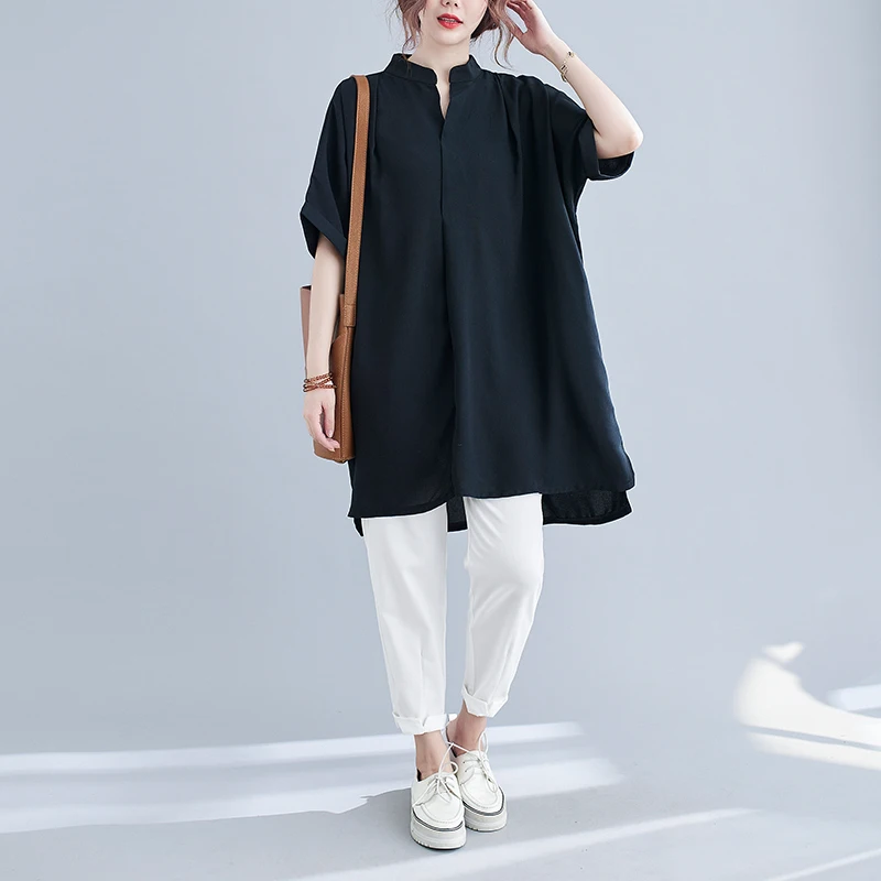 

DIMANAF 2021 Plus Size Women Blouse Style Bat Patchwork Solid O-Neck Tee Fashion Chiffon Summer Elegant Loose New Black Tops 4XL
