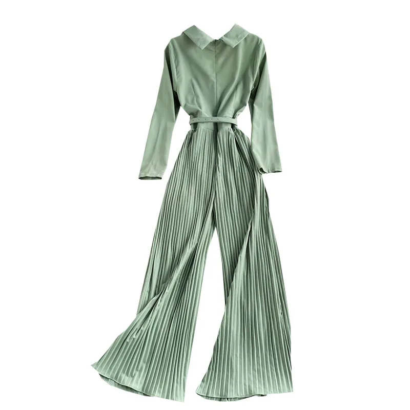 

Spring Autumn New Temperament Suit Collar Slim Long Sleeve Pleated Wide Leg Pants Jumpsuit Temperament Jumpsuit Trousers UK543