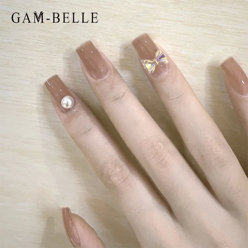 

GAM-BELLE одноцветные накладные ногти 3D жемчужный бант дизайн длинный квадратный французский Искусственный пресс на накладные ногти Типсы Иск...