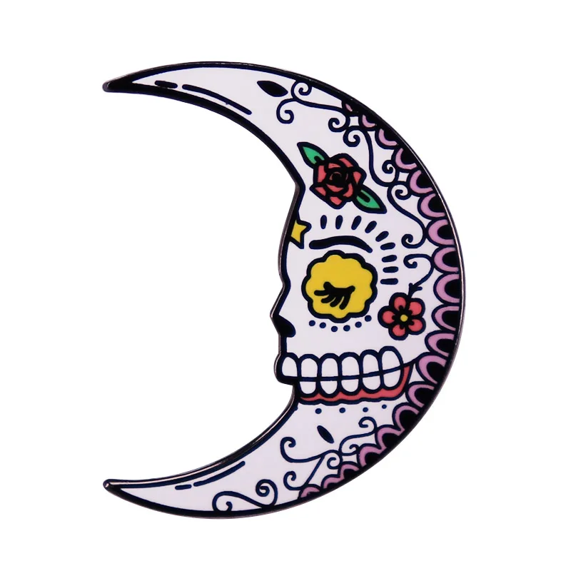 Хэллоуин сахарный череп Лунная брошь красивые цветы лицо полумесяц значок