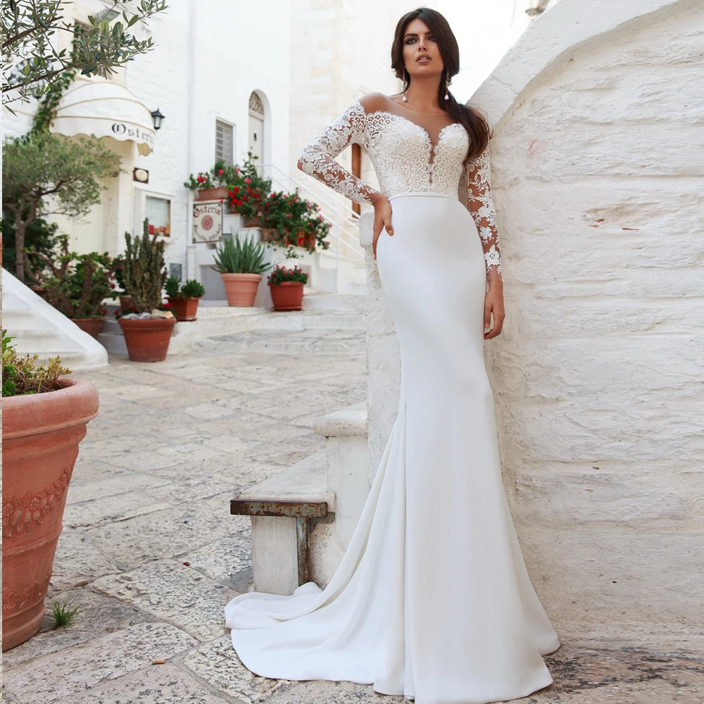 

Великолепное прозрачное свадебное платье с длинным рукавом и вырезом, сделанное на заказ платье-русалка, свадебное платье