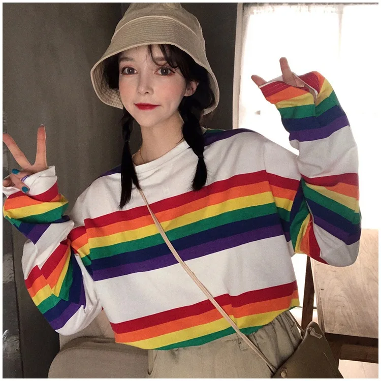 Women sweetshirts 2021 autumn Korean version of the rainbow striped long-sleeved loose top net red clothes Oversized hoodie tops