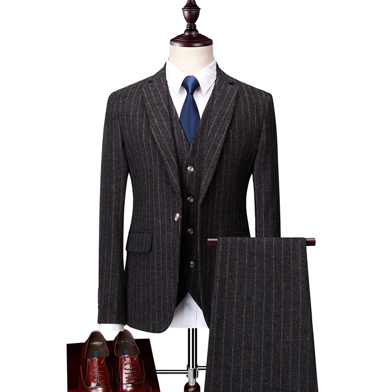 

Hot Sale Men's Striped 2021 Fashion Slim Fit Suits Business Casual 3 piece Suit Blazers Jacket Pants Trousers Vest Sets