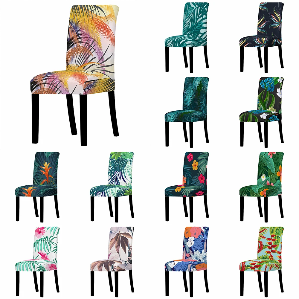

Эластичный чехол на стул, с цветочными листьями, для ресторана, банкета, свадьбы, декор для стула, тропические растения, чехлы на кресла стре...