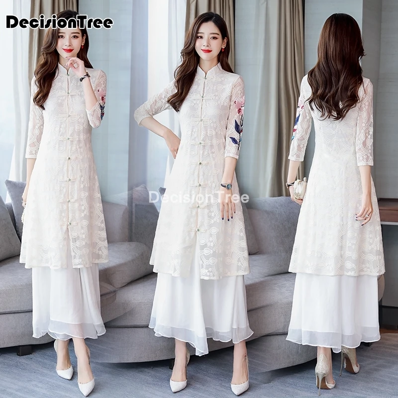 

2021 modern cheongsam ao dai vietnam aodai dress qipao long oriental dress women mandarin collar floral crane print dress