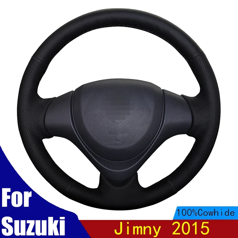 

Hand-stitched Car Steering Wheel Cover Non-slip Wear-resistant Black Genuine Leather For Suzuki Jimny 2015