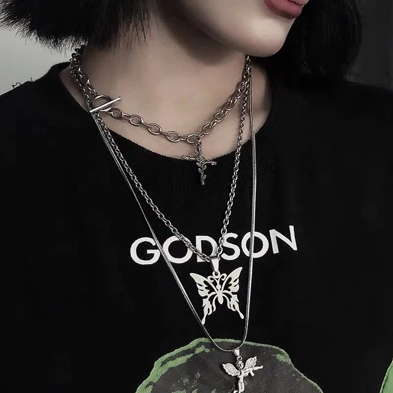 

2022 Fashion Multi-layer Layer Butterfly Cross Angel Pendant Grunge Metal Chain Necklace for Women Punk Cool Guy Jewelry