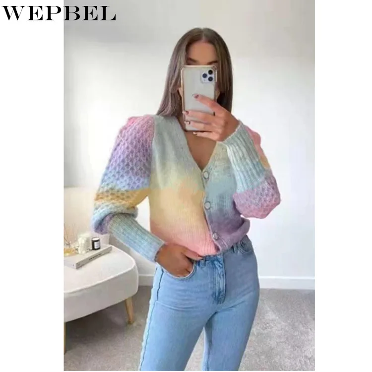 

WEPBEL Casual V-neck Coat Sweater Autumn Long Sleeve Loose Gradient Knitted Coat Women's Single Breasted Cardigan Sweater