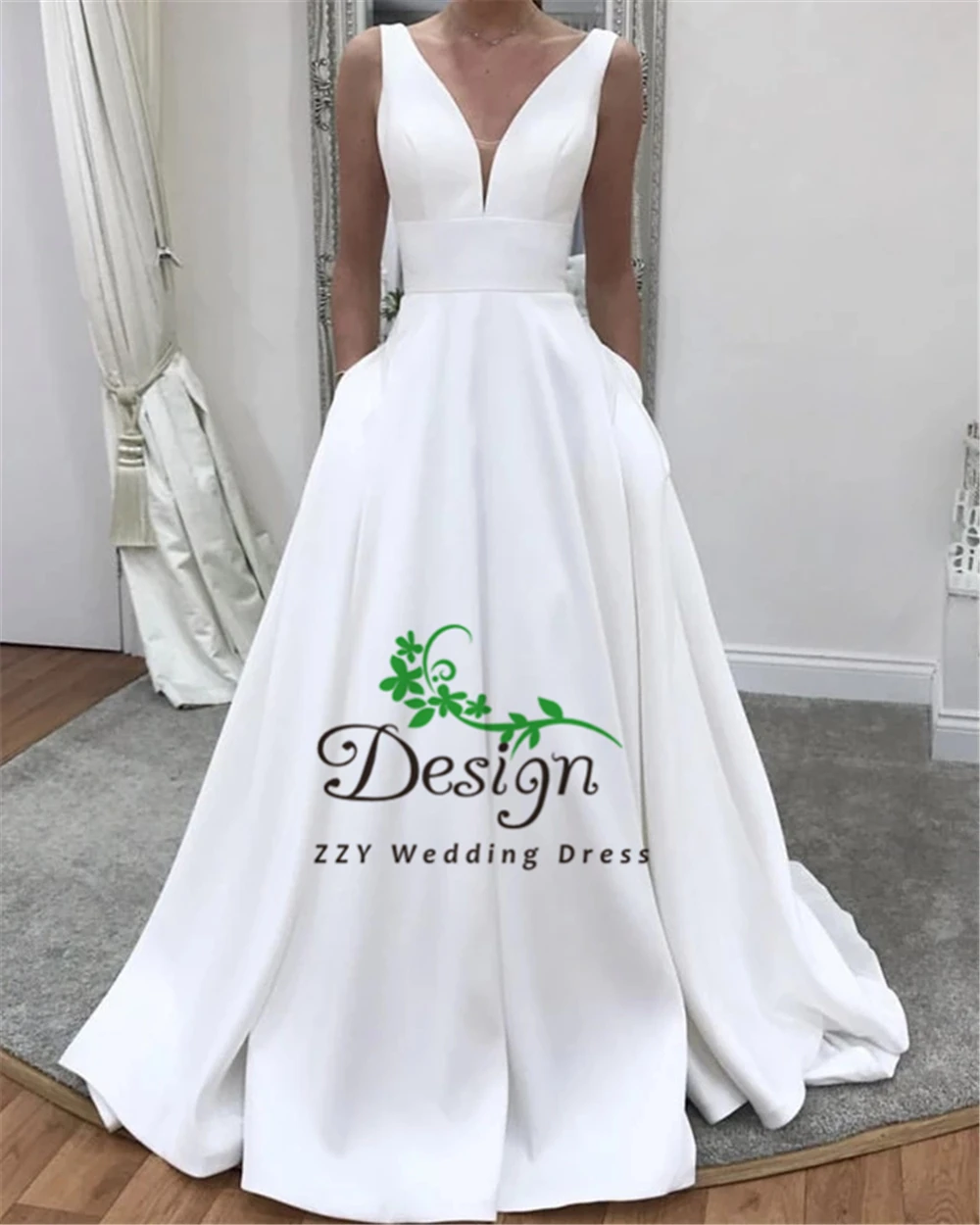 

Deep V-Neck Natural Waisted Sweep Train Full-Length Satin Wedding Dresses With Pocket A-line Satin Custom-Made Bridal Gown 2019