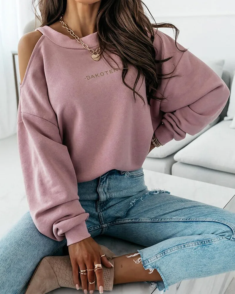 

Женский свитшот с открытыми плечами и надписью, осень 2021