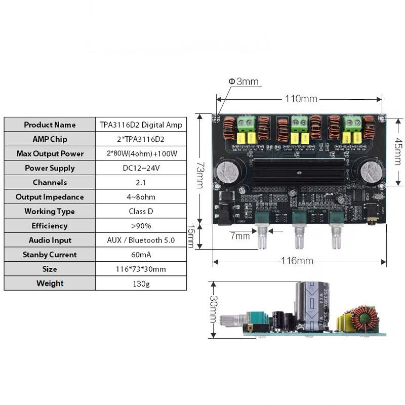 2*80 Вт + 100 Bluetooth 5 0 TPA3116D2 Плата усилителя мощности сабвуфера 2 1 каналов TPA3116 аудио