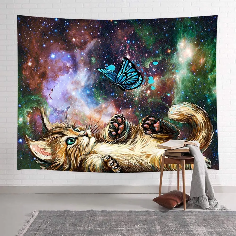 

Hippie Cute Cat Strry Tapestry Fantasy Animal Play With Butterfly Nebula Galaxy Artwork Milky Way Space Psychedelic Wall Hanging