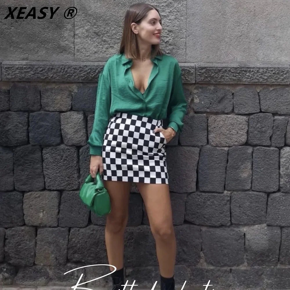 

XEASY Women High Street Black white Plaid Zipper Sexy Mini Skirt Faldas Mujer Ladies Light Soft Casual Slim Chic Vestidos