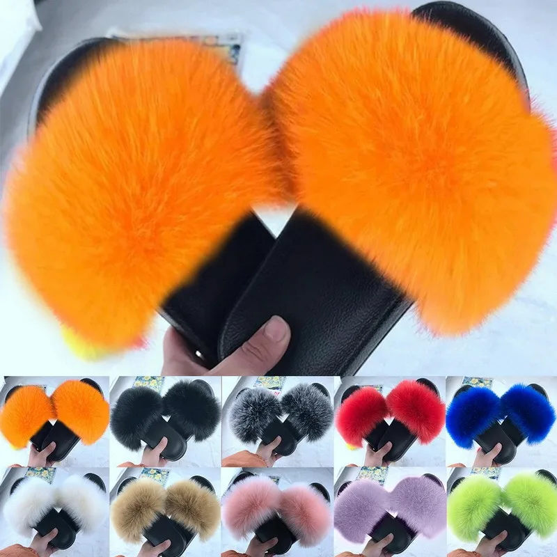 

Fur Slippers Women Real Fox Fur Slides Home Furry Flat Sandals Female Cute Fluffy House Shoes Woman Brand Luxury 2021