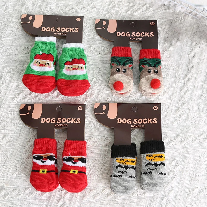 

Dog Cat Socks 4 PCS Non-Slip Christmas Shoes Festival Themed Woven Paw Protector Knitting Pet Supplies for Floor Indoor