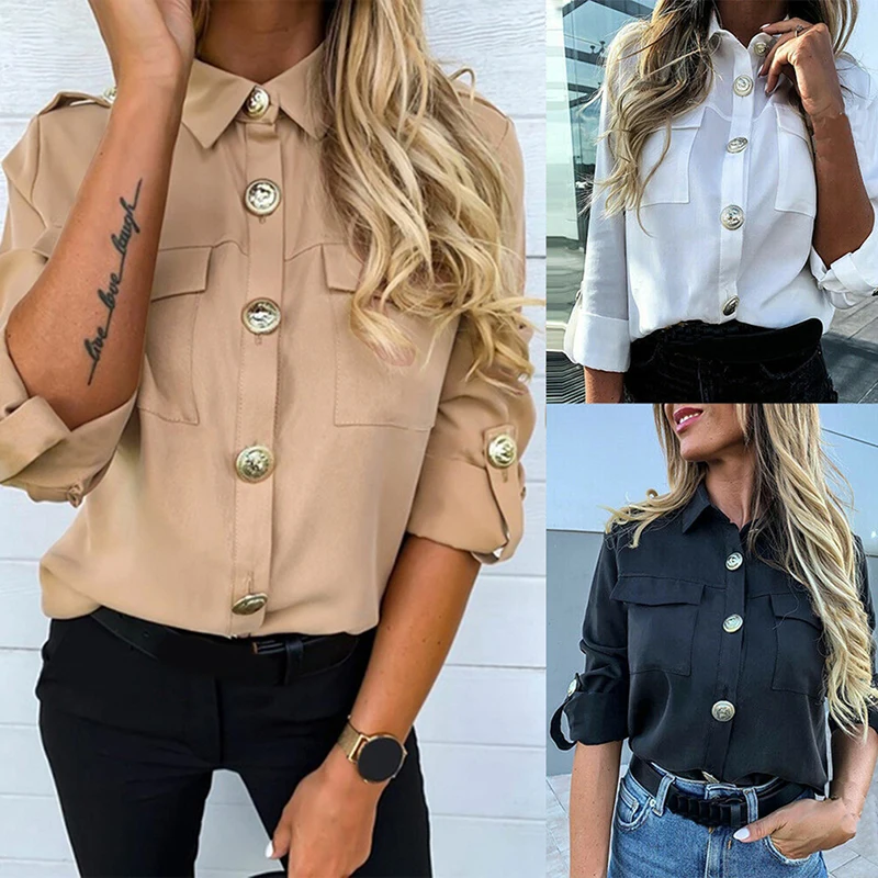 

Female Turn-down Collar Shirt Women Fashion Button Blouse with Pocket Ladies Elegant Solid Color High Quality Shirt for Women