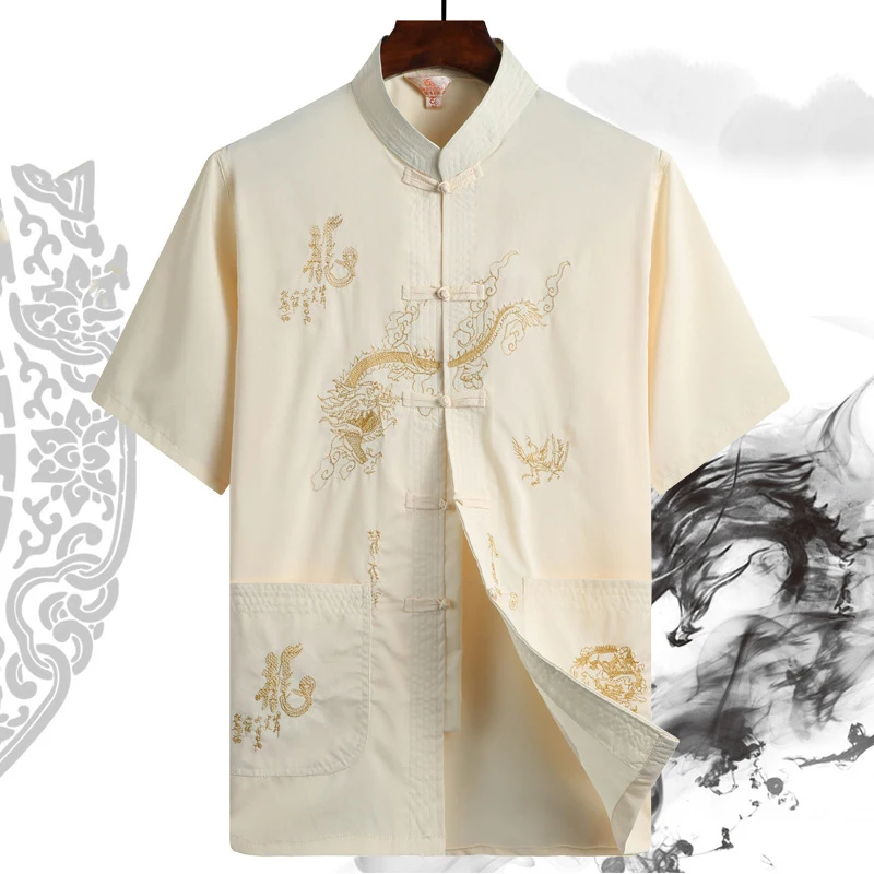 Summer Embroidery Dragon Print Blouse Tops Men Tang Suit Chinese Traditional Hanfu T Shirt Kung Fu Coat Father Oriental Cardigan